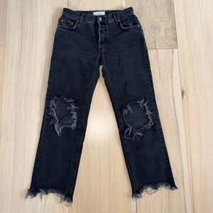 We The Free Maggie Mid Rise Straight Leg Jeans Black Distressed Size 25